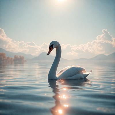The primary subject of the image is a white swan swimming in a body of water. The swan is the main focus of the image, and it appears to be the only object in the scene. The setting is a large body of water, with mountains visible in the background. The visual style of the image is a realistic representation of the swan and its surroundings. The colors in the image are predominantly shades of blue and white, creating a calm and serene atmosphere.